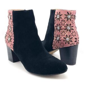 Anthropologie Miss Albright Kaida Beaded Ankle Bootie Black Pink Suede Size 8